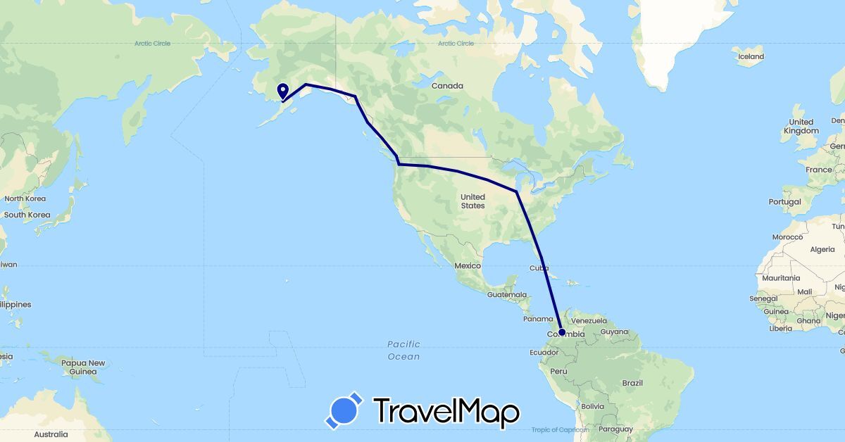 TravelMap itinerary: driving in Canada, Colombia, United States (North America, South America)